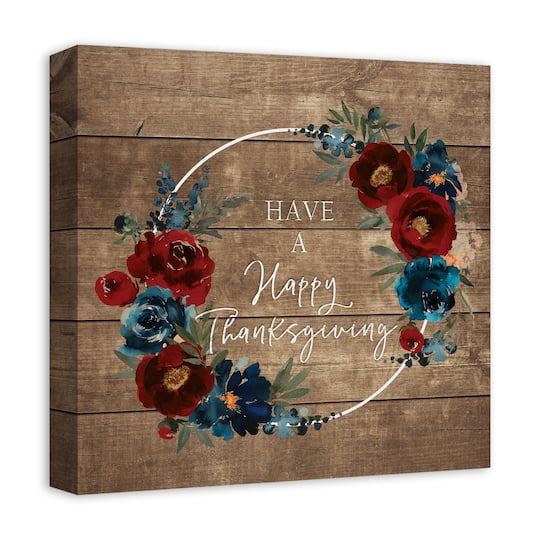 Happy Thanksgiving Floral Wreath Canvas Wall Art